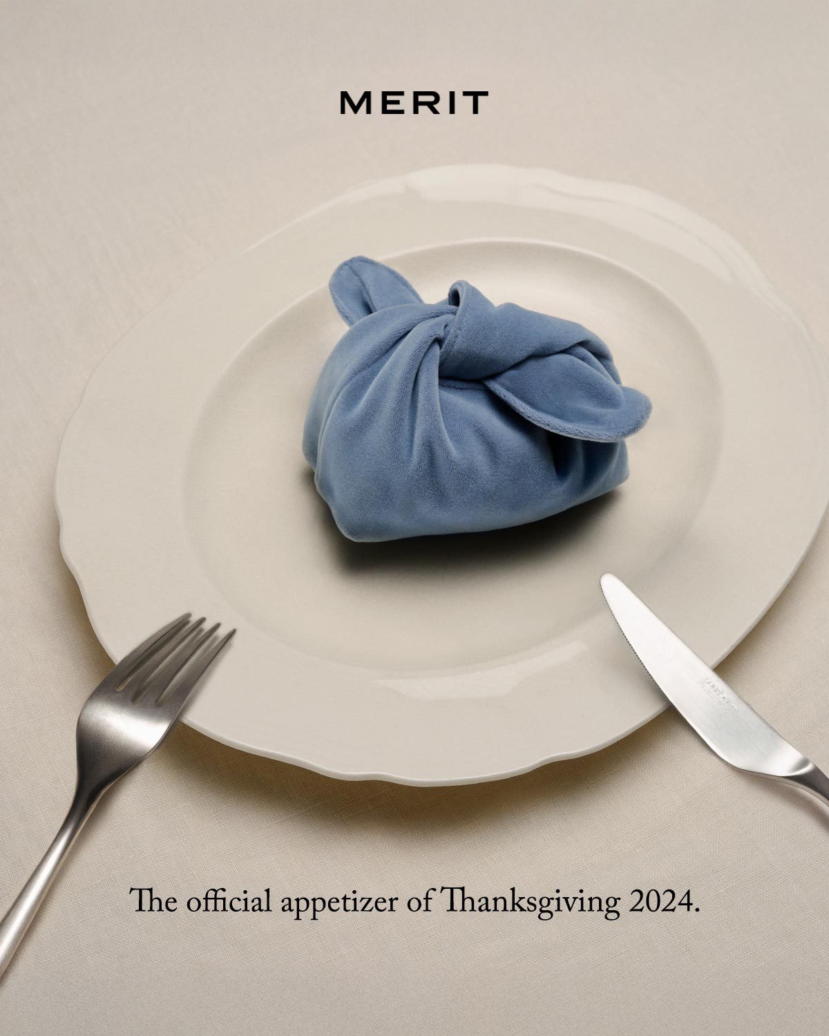 A blue fabric pouch on a white plate between a fork and knife, beneath the MERIT wordmark.